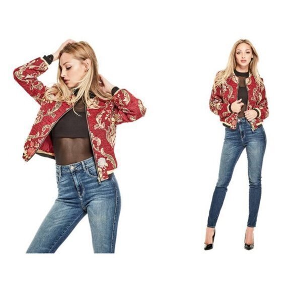 GUESS Floral Red Paisley Jacquard Bomber Jacket - Picture 1 of 12